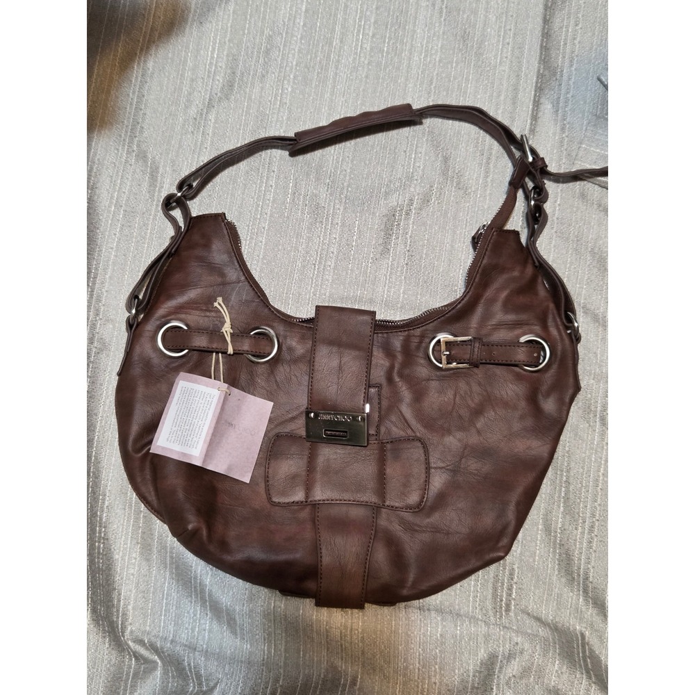 Jimmy Choo Brown Leather Hobo Shoulder Bag Silver Hardware NWT